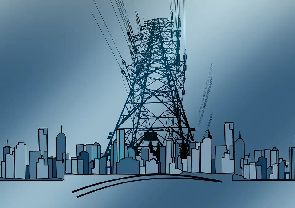 Illustration of a high voltage electricity pylon over a city skyline