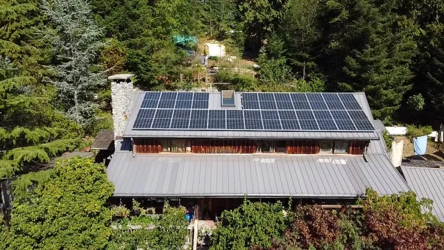 Solar panels on the metal roof of a home surrounded by trees in the Lower Mainland